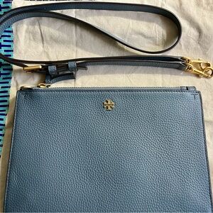Tory Burch Blue Pebble Leather Double Zip Slim Crossbody Bag